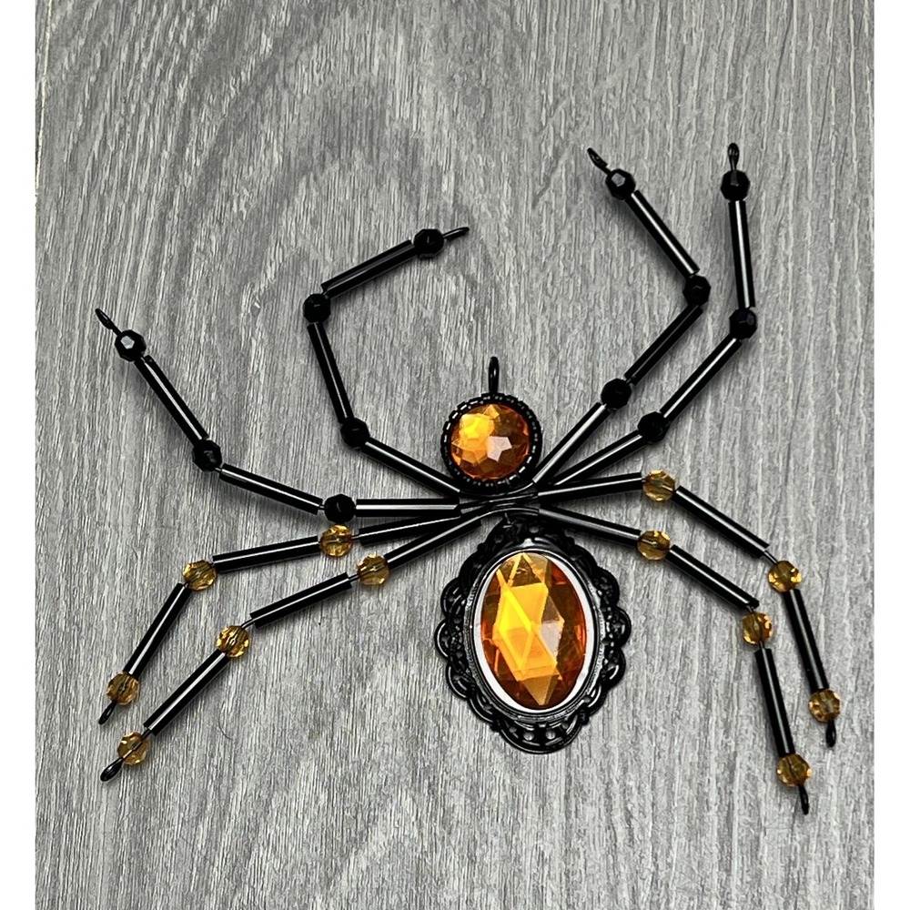 Vintage Large Halloween Beaded Spider Brooch Pin Black Orange Gems Gothic